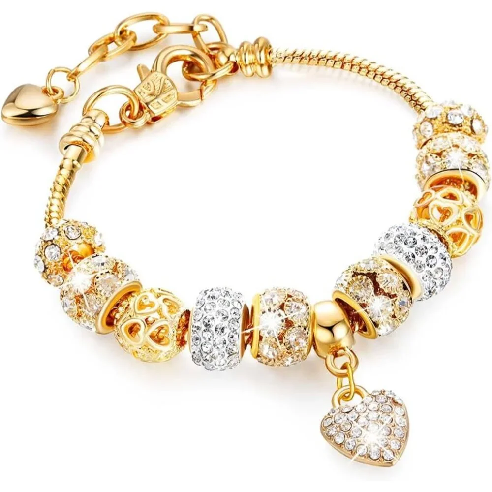 Gold Beads Bracelets Rhinestone Heart Charm Bracelet Luxury Adjustable Bangle fo